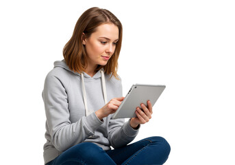 Young woman using tablet device for communication and entertainment at home