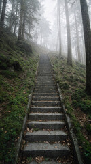 Stone Staircase Ascending into Misty Forest