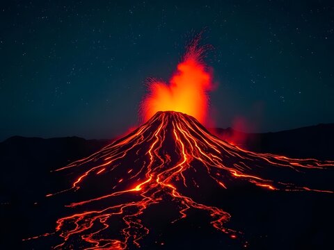 A volcano erupts under a starry night sky, spewing bright red-orange lava and ash. Glowing lava flows down its slopes, creating a dramatic, fiery scene.