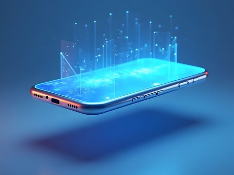 A glowing smartphone hovers against a blue background, projecting digital graphs and data. The scene feels futuristic and technological, emphasizing innovation.