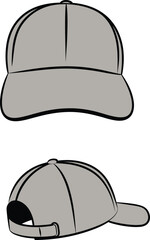 Baseball cap vector flat sketch front and back view, adjustable strap design, fashion headwear cad drawing, casual cap illustration