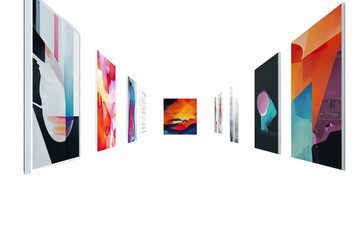 Modern abstract paintings displayed in gallery perspective. Vibrant geometric colors and textures create artistic visual flow. Contemporary wall art collection isolated on dark background.