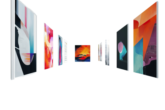 Modern abstract paintings displayed in gallery perspective. Vibrant geometric colors and textures create artistic visual flow. Contemporary wall art collection isolated on dark background.