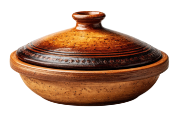 Rustic earthenware pot with lid for cooking and serving food on transparent background