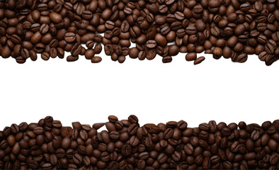 Obraz premium Brown roasted coffee beans scattered with space in the middle. Organic texture highlights natural aroma of caffeinated seeds. Isolated background emphasizes horizontal composition.