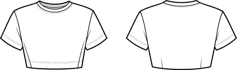 Short sleeve cropped t-shirt, flat sketch vector, front and back view, fashion technical drawing, tee shirt outline, clothing template, cad style, apparel design illustration