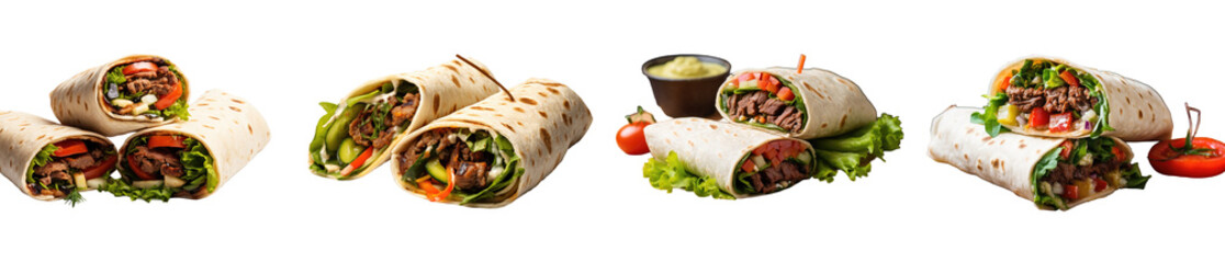Fresh tortilla wraps filled with beef, vegetables, and lettuce. Rolled sandwiches served with tomato and sauce for a tasty meal. Healthy and delicious wrap food isolated on black background.