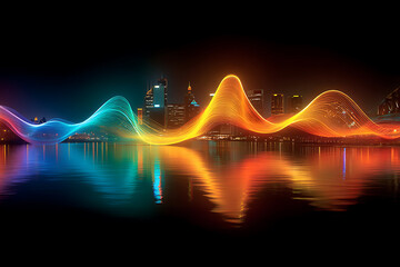 Abstract cityscape with colorful light waves reflection digital art wallpaper background for desktop and design