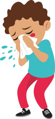 Sick child sneezing into tissue, flu symptoms, cold season, hygiene awareness, child health, illness prevention, cartoon vector illustration