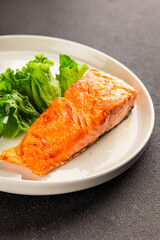 salmon fried fish seafood second course tasty snack fresh delicious gourmet food background on the table rustic food top view copy space pescetarian diet