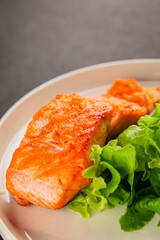 salmon fried fish seafood second course tasty snack fresh delicious gourmet food background on the table rustic food top view copy space pescetarian diet