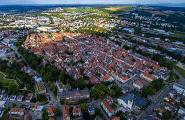 Aerial view around the old town of the city Villingen-Schwenningen in Germany on am overcast noon in summer.	
