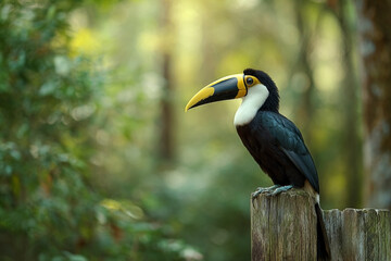 Fototapeta premium Magnificent toucan perched on a weathered wooden post in lush foliage