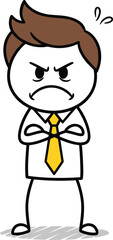 Cartoon Vector Illustration of Angry Character with Crossed Arms, Furrowed Brows, White Shirt, Yellow Tie, and Expressive Frustrated Pose Design