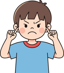 Cartoon Vector Illustration of Angry Child Plugging Ears with Fingers in Blue Shirt and Frustrated Expression on White Background