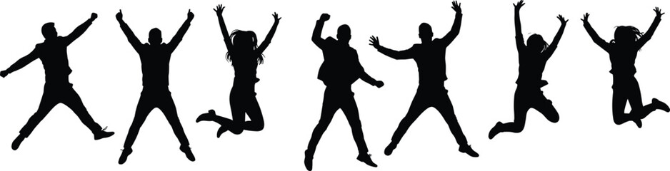 Silhouette group jumping in joy, cad drawing flat vector illustration, people celebrating, energetic mid-air pose, fun movement celebration concept