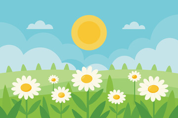 A serene daisy field under a bright sun and cloudy sky, capturing the essence of a sunny spring day in a lush green landscape