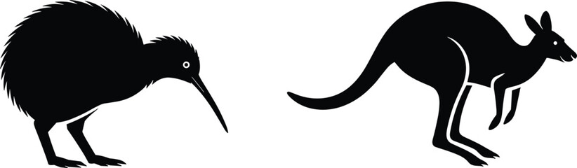 Silhouette illustration of kiwi bird and kangaroo, wildlife animals from New Zealand and Australia, isolated vector graphic, native species, black silhouette design icon