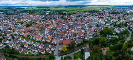 Aerial of the city Bad Saulgau in Germany on a cloudy day in summer