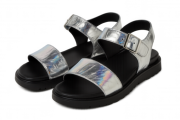 Stylish holographic silver sandals isolated on a transparent background, perfect for showcasing summer footwear or fashion accessories