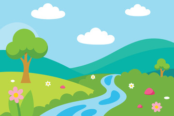 Fototapeta premium A serene cartoon landscape featuring a winding river, lush green hills, trees, and a blue sky with fluffy clouds, creating a peaceful nature scene