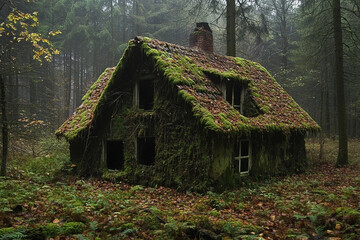 An Enchanting Image Capturing a Moss-Covered Abandoned Cottage Nestled Deep in a Lush Forest