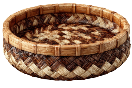Woven basket container for storage and decorative display purposes on transparent background