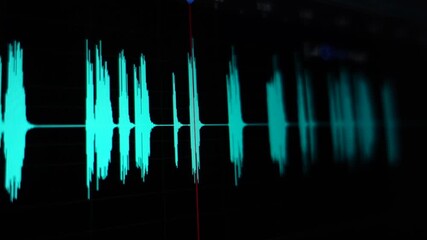 Audio sound post production process. Audio waveforms on a computer screen, showcasing a professional music or sound editing setup