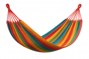 Colorful striped hammock hanging, representing relaxation, leisure, and vacation vibes with transparent background
