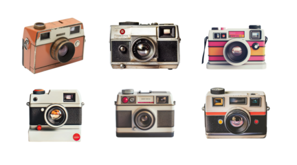 Collection of vintage cameras with retro designs and textured details. Classic lenses and buttons emphasize old-fashioned photography style. Nostalgic equipment displayed on isolated background.