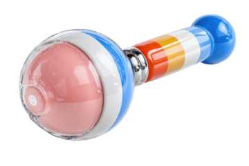 Colorful baby rattle toy with transparent sphere and stripes design on transparent background