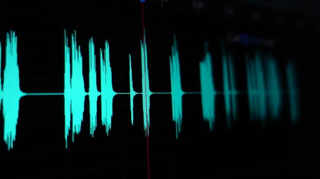 Audio sound post production process. Audio waveforms on a computer screen, showcasing a professional music or sound editing setup