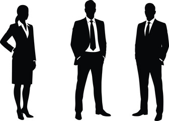Silhouette of business professionals, corporate team, office workers, men and women in formal attire, standing together, isolated on white background, vector illustration.