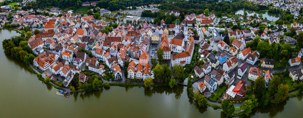 Aerial view around the old town of the city Bad Waldsee, 88339 in Germany on am overcast afternoon in summer.	