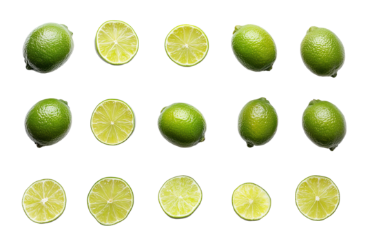 Whole limes and lime slices neatly arranged on black background. Glossy green skins contrast with juicy yellow-green interiors. Fresh citrus fruits displayed in clean geometric composition. - Powered by Adobe