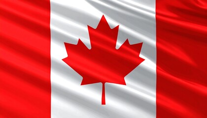 A close-up view of the Canadian flag, showcasing the vibrant red and white colors and the distinctive maple leaf design against a backdrop of flowing fabric.