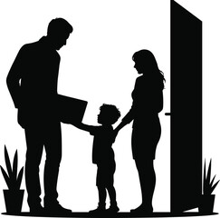 Silhouette of delivery man handing package to child, family at door, home delivery concept, parent and kid receiving parcel, vector illustration, black outline