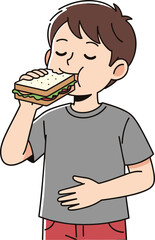 Cartoon Vector Illustration of Happy Child Eating Sandwich with Gray Shirt, Red Pants, and Satisfied Expression on White Background