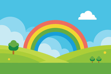 Fototapeta premium A vibrant rainbow arches across a lush green landscape with rolling hills and fluffy clouds, creating a cheerful and idyllic nature scene