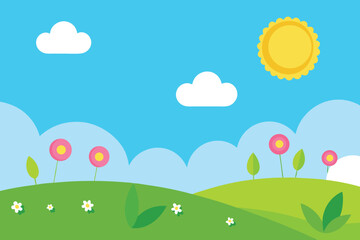 A beautiful cartoon landscape with green hills, flowers, clouds and a bright sun, perfect for springtime and naturethemed designs and illustrations
