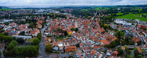 Aerial view around the old town of the city Wangen im Allgäu in Germany on am overcast afternoon...