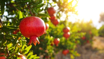 Ripe pomegranates hang from branches in a sun-drenched orchard, showcasing vibrant reds and lush greenery.