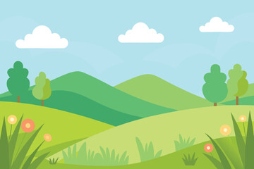 Cartoon landscape with green hills, trees, flowers, and a blue sky with clouds creating a peaceful and idyllic rural scene in summer