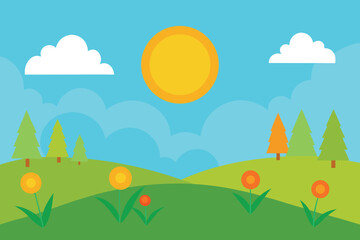 Fototapeta premium A vibrant spring landscape illustration featuring flowers, trees, and a bright sun over rolling green hills, under a partly cloudy blue sky, creating a cheerful scene