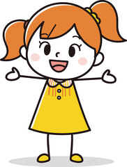 Cartoon Vector Illustration of Happy Girl with Orange Pigtails, Yellow Dress, Pink Collar, Open Arms, and Cheerful Expression on White Background