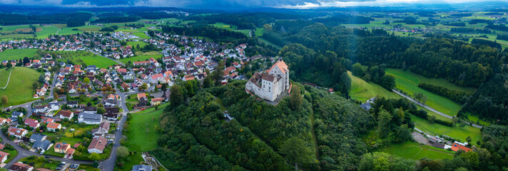 Aerial view of the village Waldburg in Germany on a cloudy afternoon in summer