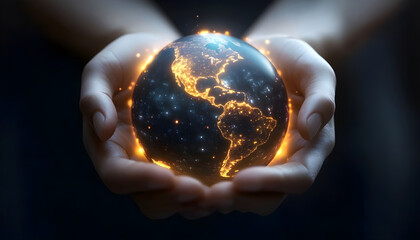 Fototapeta premium Caring for the World: A pair of hands cradles a glowing, digital planet, symbolizing global responsibility and environmental consciousness