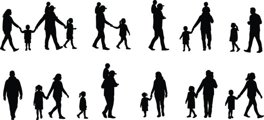Silhouette of families walking, holding hands, father mother children figures, family bonding moments, parenting, isolated black people illustration