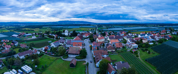 Aerial view of the village Ittendorf in Germany on a cloudy day in summer