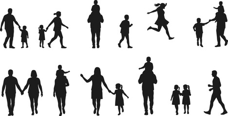 Silhouette of family walking, playing, and spending time together, vector illustration of parents with children, outdoor bonding, happy lifestyle design